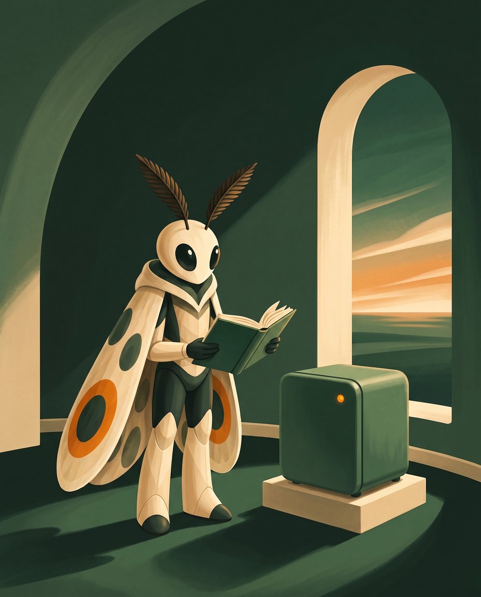 Mothy, the Chrysalis AI assistant, reading a bound ledger beside a Chrysalis appliance in a quiet room at dawn