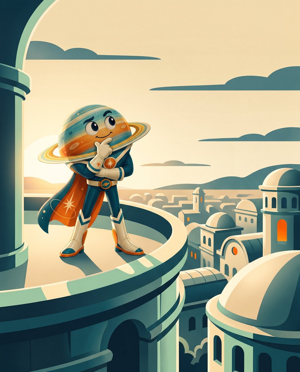 Impend on a high balcony looking out over a town of rooftops at dawn, thoughtful