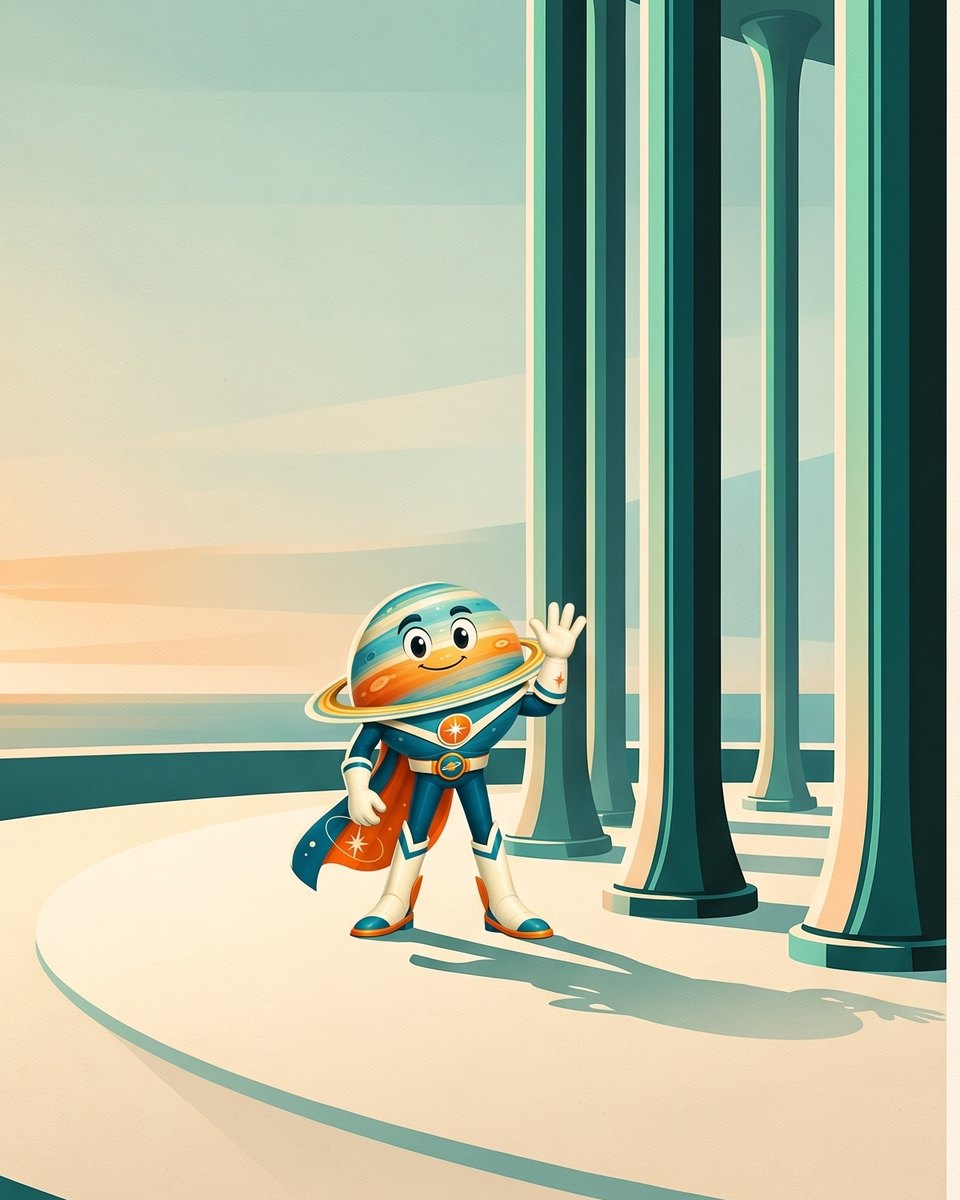 Impend, the Impending Tech character, on a terrace at dawn raising a hand in greeting