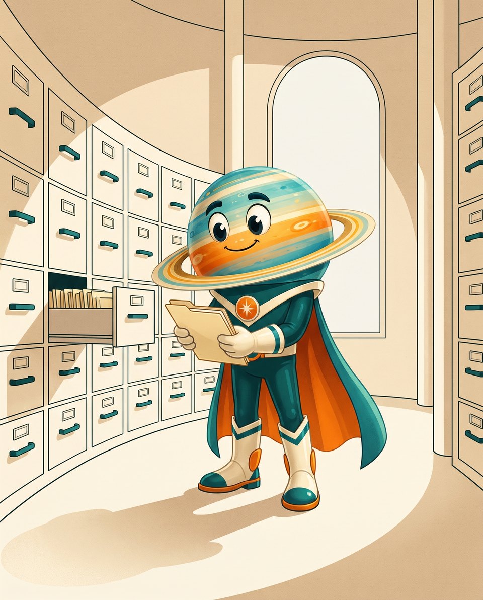 Impend in an archive room lined with filing drawers, one drawer open, examining a folder